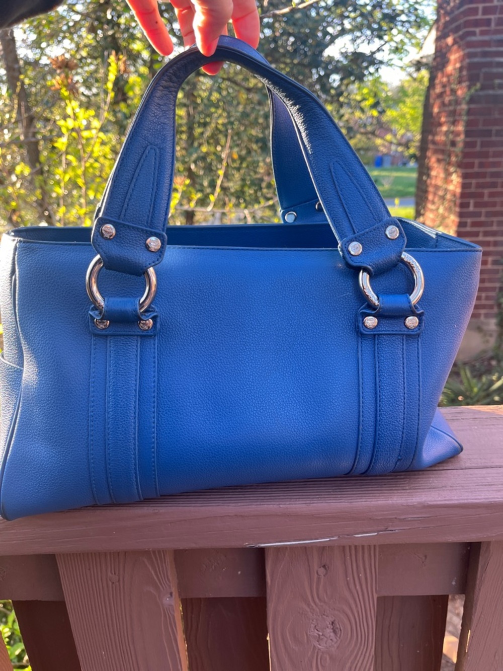 MCM  Blue Leather Satchel with Silver Hardware and end pockets - Picture 3 of 15